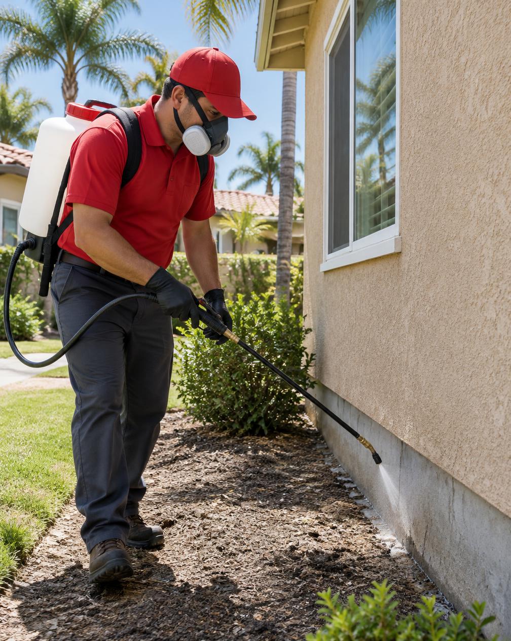 Exxel technician spraying termite treatment along a home's foundation