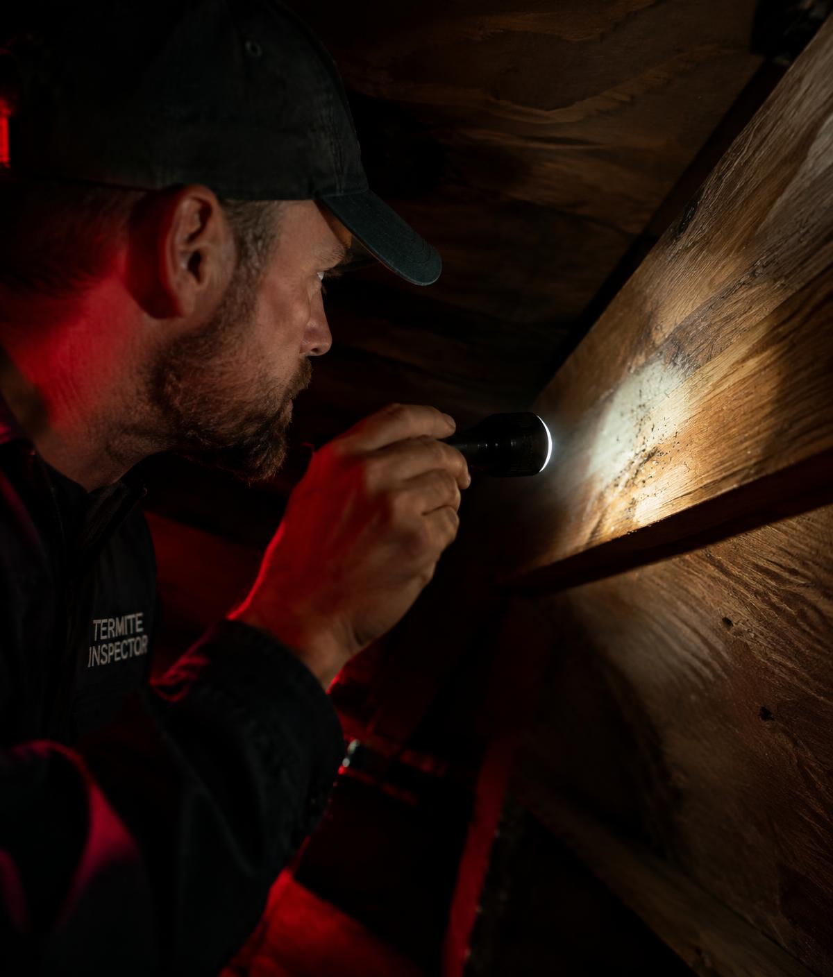 Inspector examining attic beams with a flashlight